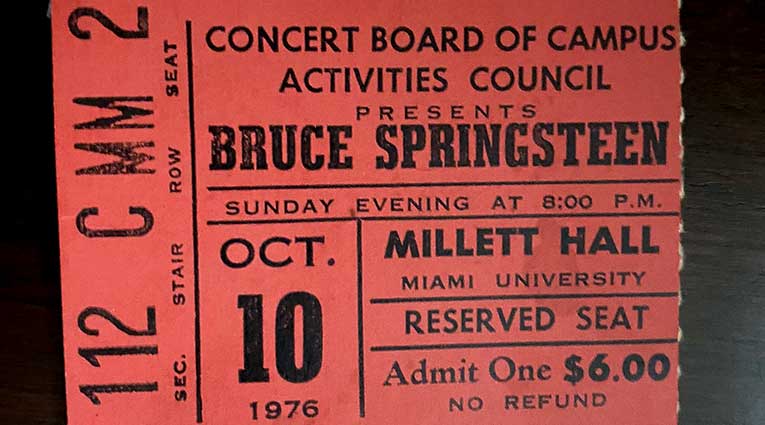 Image of Bruce Springsteen concert ticket from Miami University on October 10, 1976